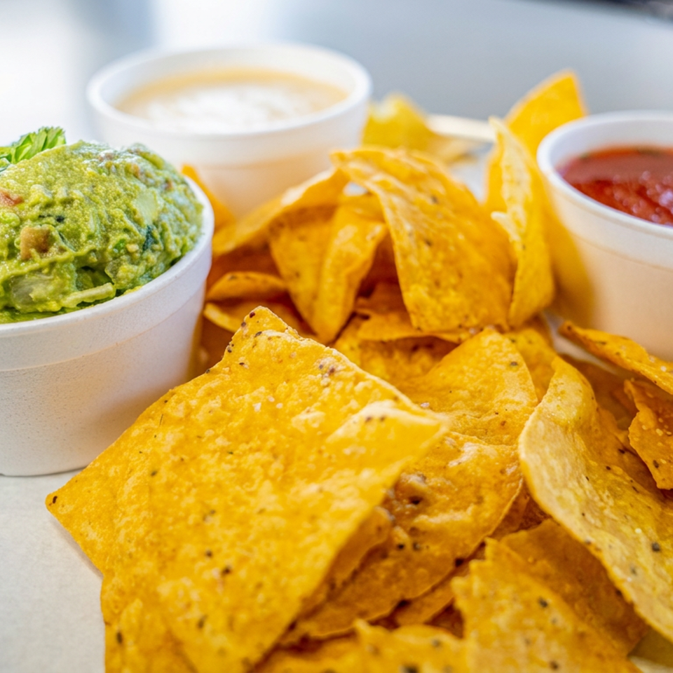 Crispy tortilla chips served with bowls of guacamole, queso, and red salsa on a counter.