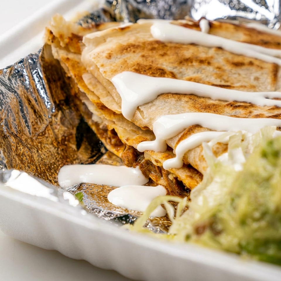 Grilled quesadilla wedges drizzled with cream sauce, served with guacamole and shredded lettuce in a foil-lined container.