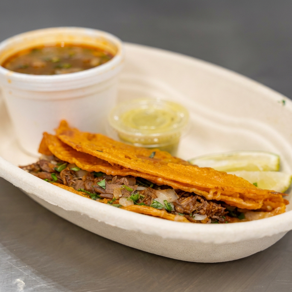 Crispy beef tacos with chopped onions and cilantro, served in a compostable tray with broth, green salsa, and lime wedges.