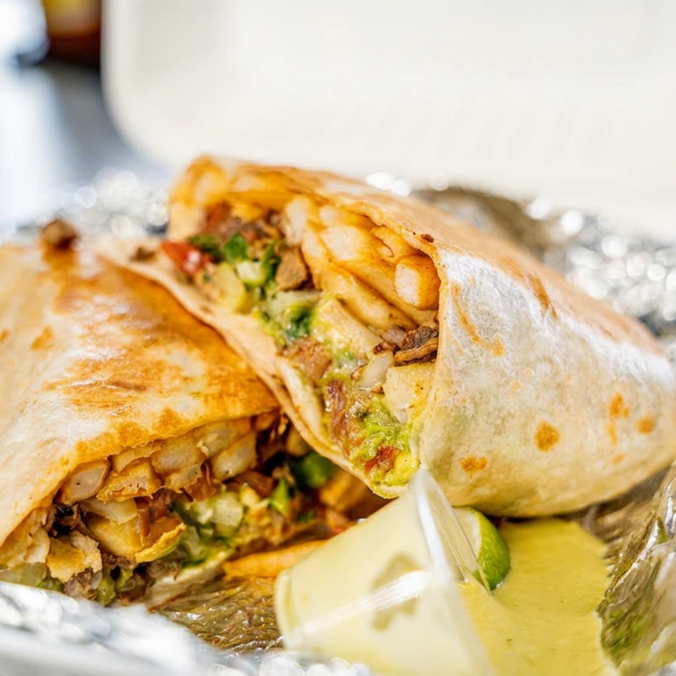 Grilled chicken burrito cut open with vegetables and cheese sauce, wrapped in foil and served with lime wedges.