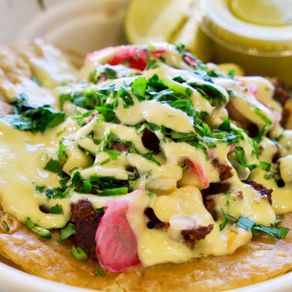 Crispy corn tortilla topped with seasoned meat, creamy sauce, chopped herbs, pickled vegetables, and green salsa.