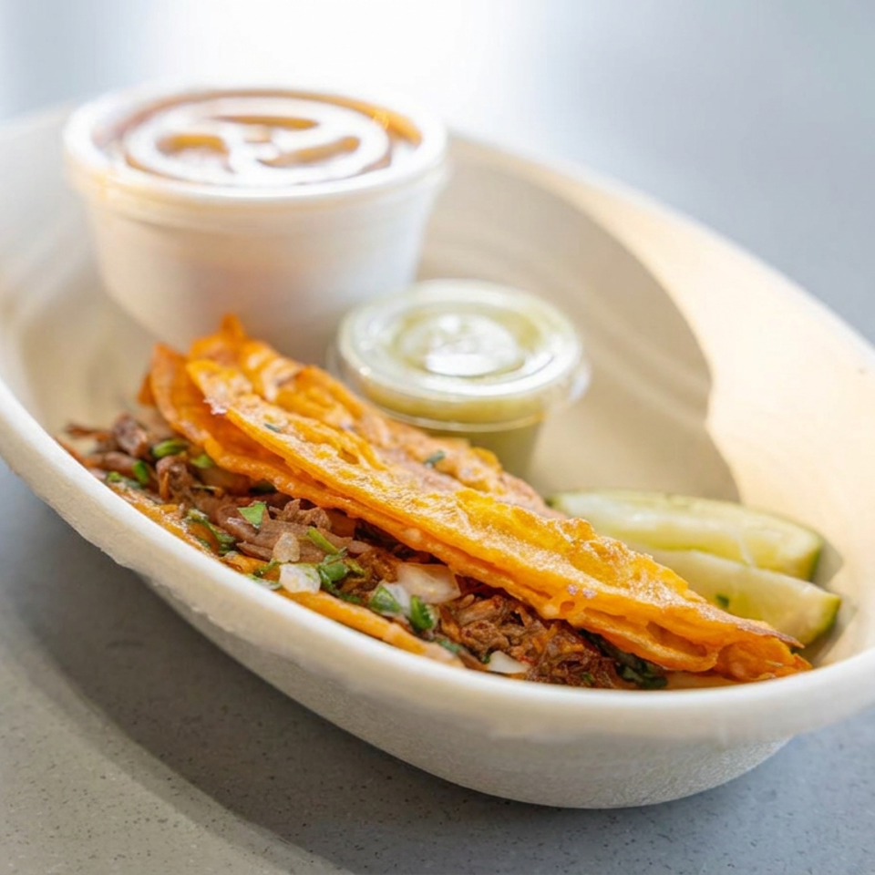 Crispy orange taco filled with shredded meat, onions, and herbs, served with sauces and cucumber slices in a compostable bowl.